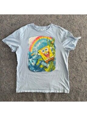 Old Navy SpongeBob Chillin T-Shirt Mens M Blue Graphic Tee Rainbow 2022 Stained